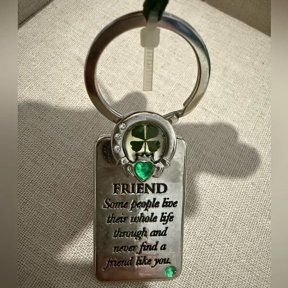 Lucky Irish Friend Keychain with Real Four Leaf Clover & Green Gemstones
